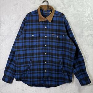 Polo Ralph Lauren Wool Classic Fit Plaid Workshirt Men's XL Blue Corduroy Collar
